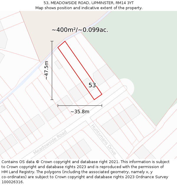 53, MEADOWSIDE ROAD, UPMINSTER, RM14 3YT: Plot and title map