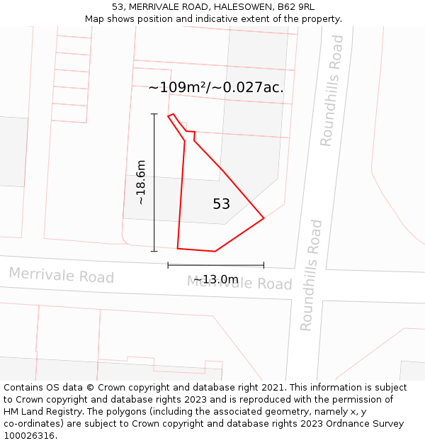 53, MERRIVALE ROAD, HALESOWEN, B62 9RL: Plot and title map