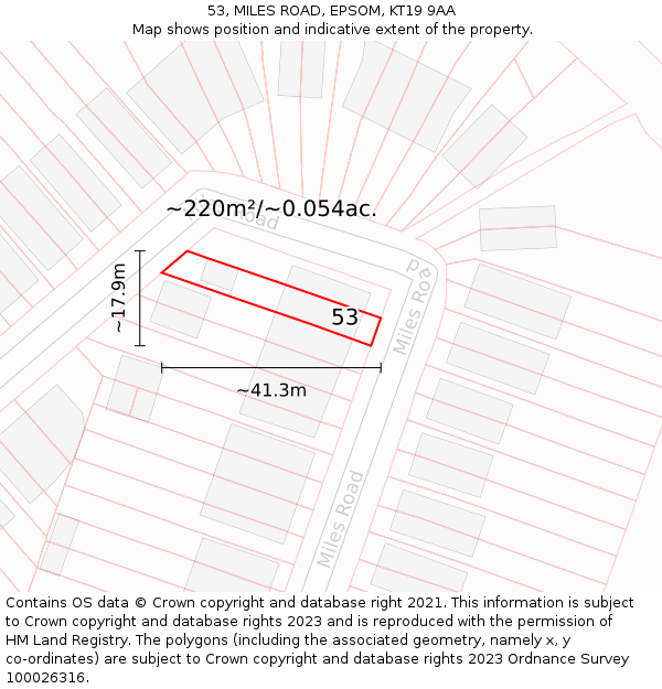 53, MILES ROAD, EPSOM, KT19 9AA: Plot and title map