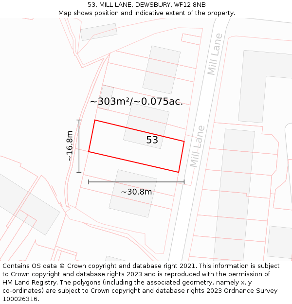 53, MILL LANE, DEWSBURY, WF12 8NB: Plot and title map