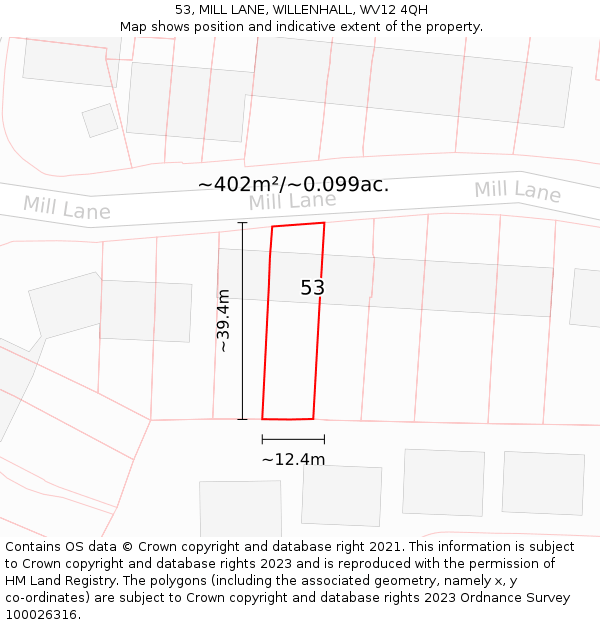 53, MILL LANE, WILLENHALL, WV12 4QH: Plot and title map