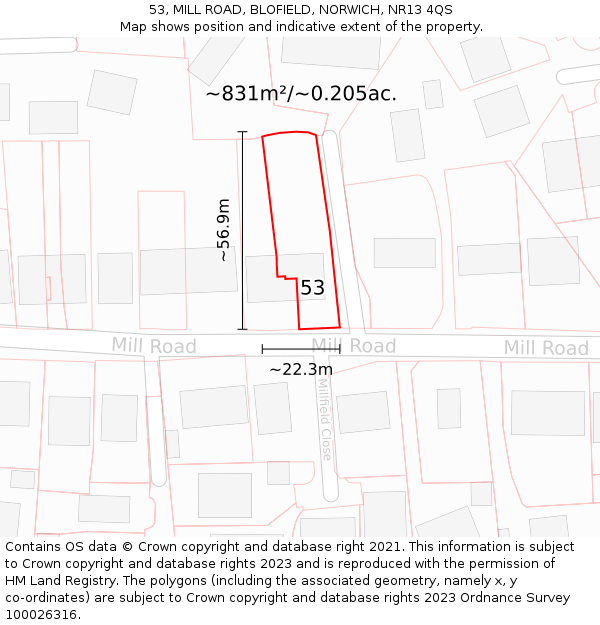 53, MILL ROAD, BLOFIELD, NORWICH, NR13 4QS: Plot and title map