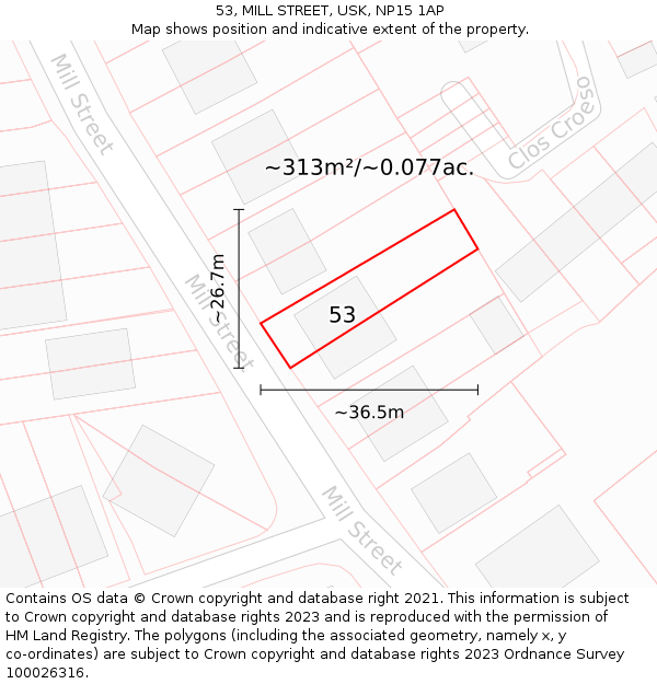 53, MILL STREET, USK, NP15 1AP: Plot and title map