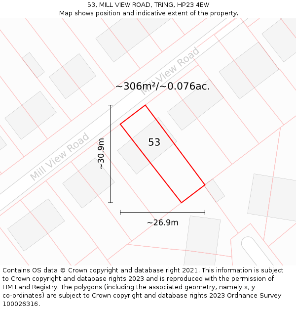 53, MILL VIEW ROAD, TRING, HP23 4EW: Plot and title map