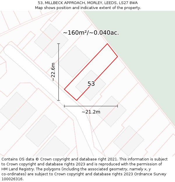 53, MILLBECK APPROACH, MORLEY, LEEDS, LS27 8WA: Plot and title map