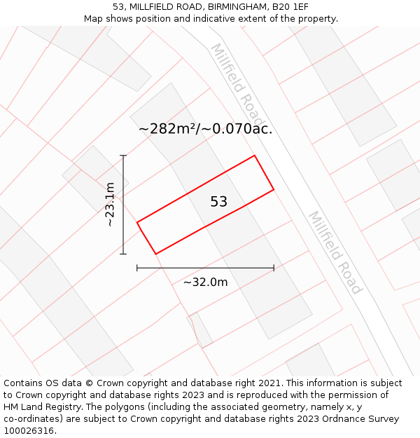 53, MILLFIELD ROAD, BIRMINGHAM, B20 1EF: Plot and title map