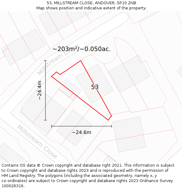 53, MILLSTREAM CLOSE, ANDOVER, SP10 2NB: Plot and title map