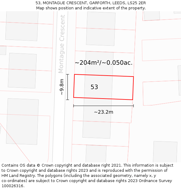53, MONTAGUE CRESCENT, GARFORTH, LEEDS, LS25 2ER: Plot and title map