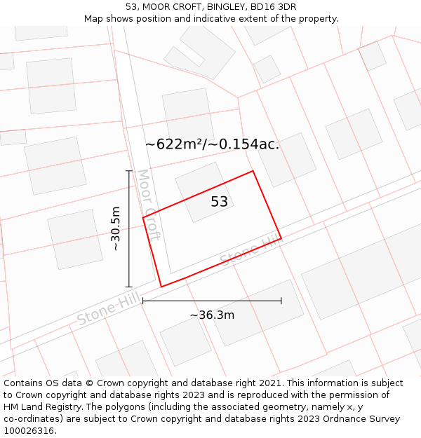 53, MOOR CROFT, BINGLEY, BD16 3DR: Plot and title map