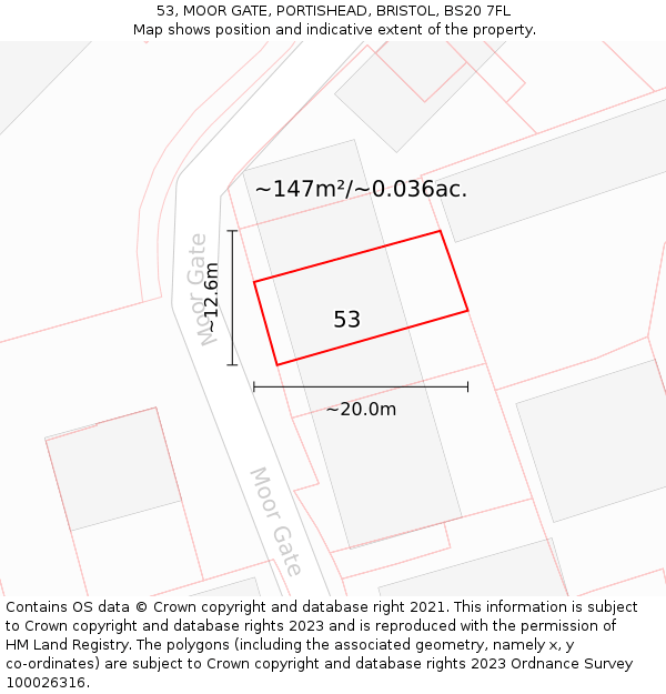 53, MOOR GATE, PORTISHEAD, BRISTOL, BS20 7FL: Plot and title map
