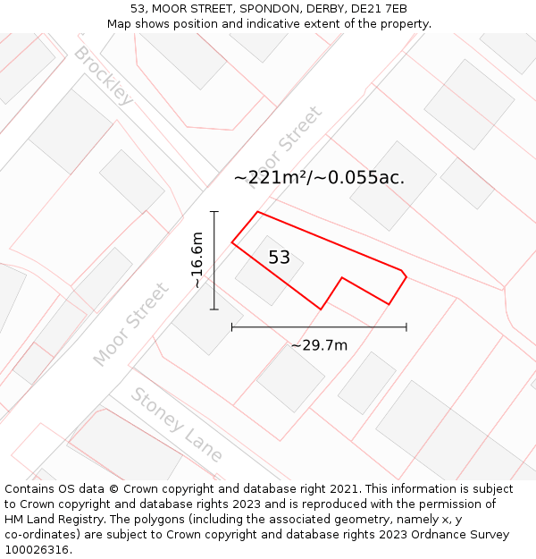 53, MOOR STREET, SPONDON, DERBY, DE21 7EB: Plot and title map