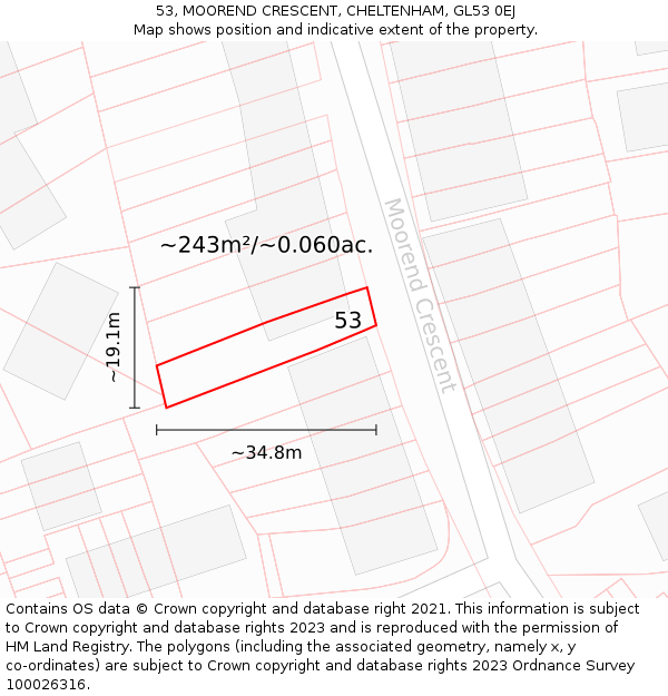 53, MOOREND CRESCENT, CHELTENHAM, GL53 0EJ: Plot and title map