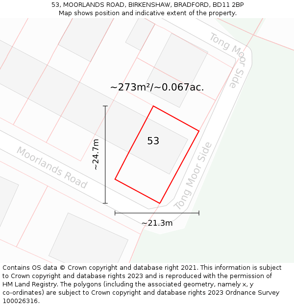 53, MOORLANDS ROAD, BIRKENSHAW, BRADFORD, BD11 2BP: Plot and title map