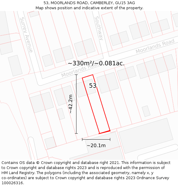 53, MOORLANDS ROAD, CAMBERLEY, GU15 3AG: Plot and title map