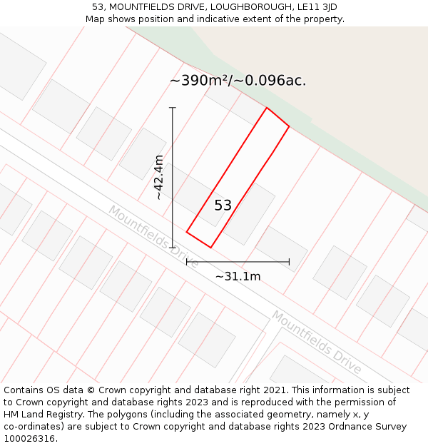 53, MOUNTFIELDS DRIVE, LOUGHBOROUGH, LE11 3JD: Plot and title map
