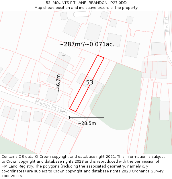 53, MOUNTS PIT LANE, BRANDON, IP27 0DD: Plot and title map