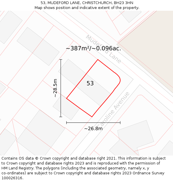 53, MUDEFORD LANE, CHRISTCHURCH, BH23 3HN: Plot and title map