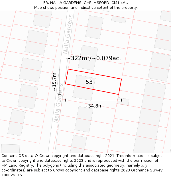 53, NALLA GARDENS, CHELMSFORD, CM1 4AU: Plot and title map