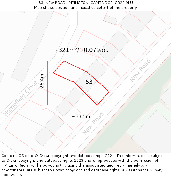 53, NEW ROAD, IMPINGTON, CAMBRIDGE, CB24 9LU: Plot and title map