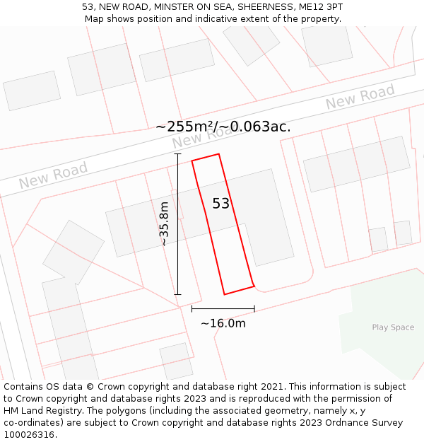 53, NEW ROAD, MINSTER ON SEA, SHEERNESS, ME12 3PT: Plot and title map