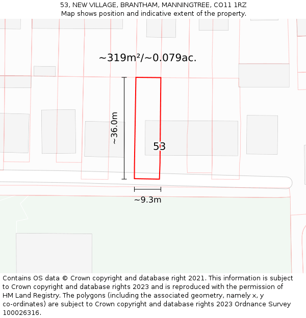 53, NEW VILLAGE, BRANTHAM, MANNINGTREE, CO11 1RZ: Plot and title map