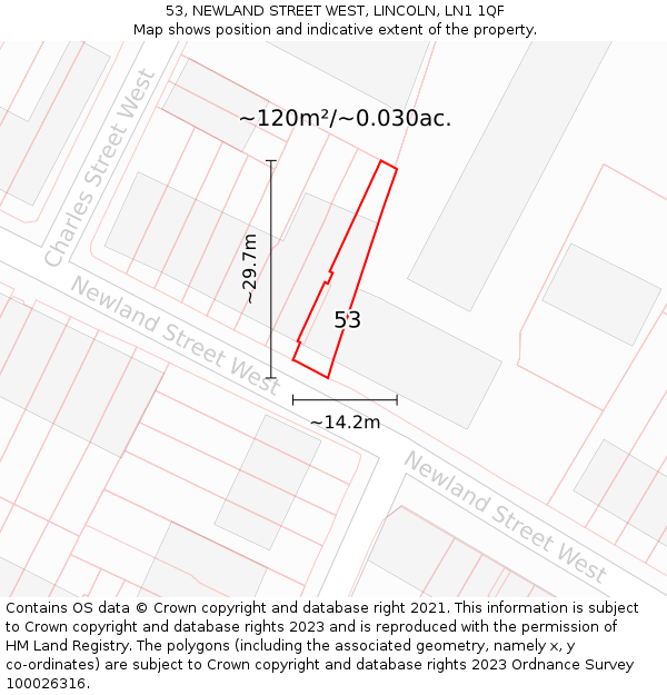 53, NEWLAND STREET WEST, LINCOLN, LN1 1QF: Plot and title map