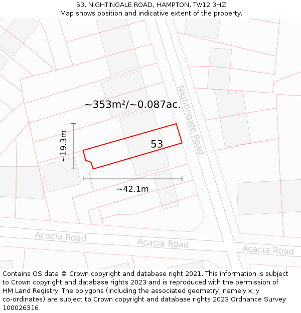53, NIGHTINGALE ROAD, HAMPTON, TW12 3HZ: Plot and title map