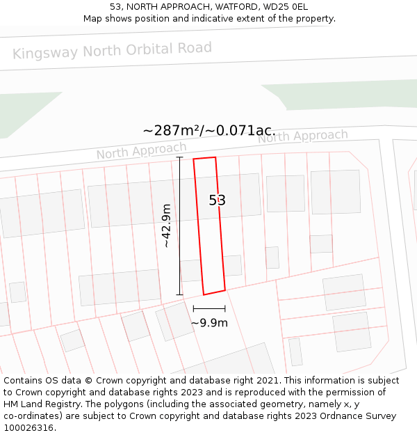 53, NORTH APPROACH, WATFORD, WD25 0EL: Plot and title map