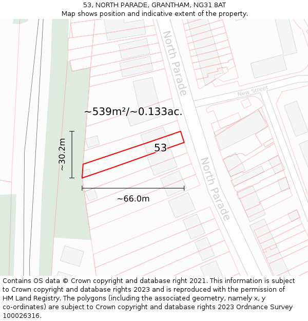 53, NORTH PARADE, GRANTHAM, NG31 8AT: Plot and title map