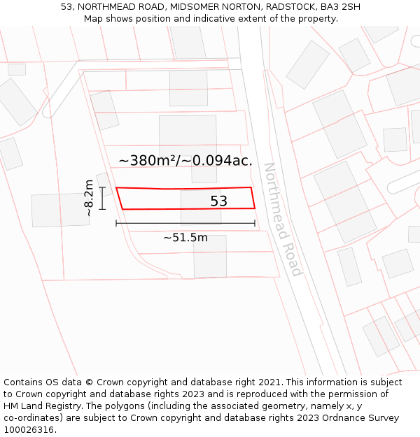 53, NORTHMEAD ROAD, MIDSOMER NORTON, RADSTOCK, BA3 2SH: Plot and title map