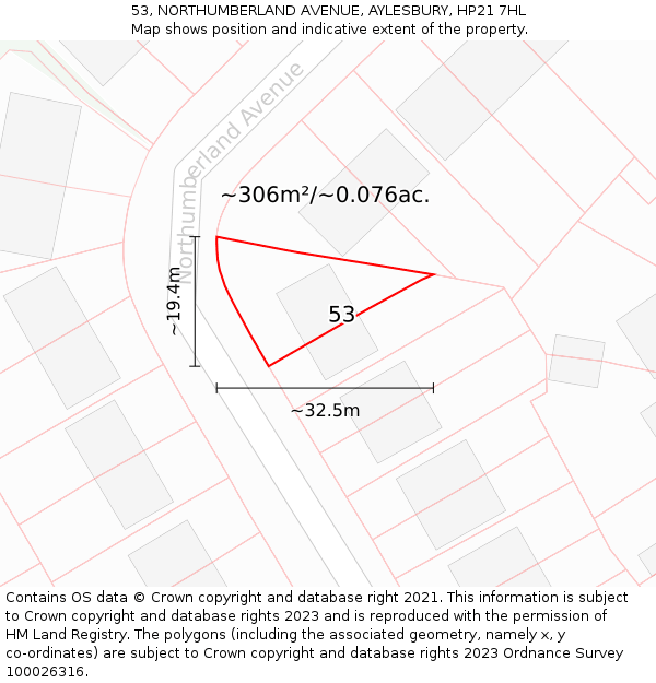 53, NORTHUMBERLAND AVENUE, AYLESBURY, HP21 7HL: Plot and title map