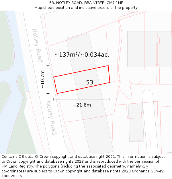 53, NOTLEY ROAD, BRAINTREE, CM7 1HE: Plot and title map