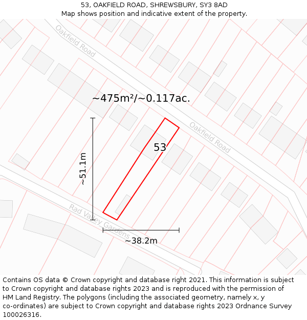 53, OAKFIELD ROAD, SHREWSBURY, SY3 8AD: Plot and title map
