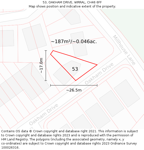 53, OAKHAM DRIVE, WIRRAL, CH46 6FF: Plot and title map