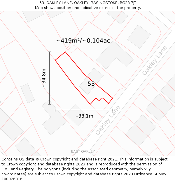 53, OAKLEY LANE, OAKLEY, BASINGSTOKE, RG23 7JT: Plot and title map
