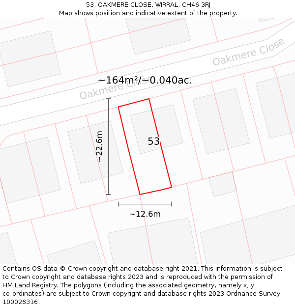 53, OAKMERE CLOSE, WIRRAL, CH46 3RJ: Plot and title map