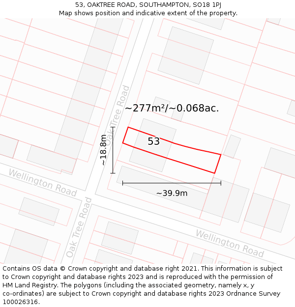 53, OAKTREE ROAD, SOUTHAMPTON, SO18 1PJ: Plot and title map