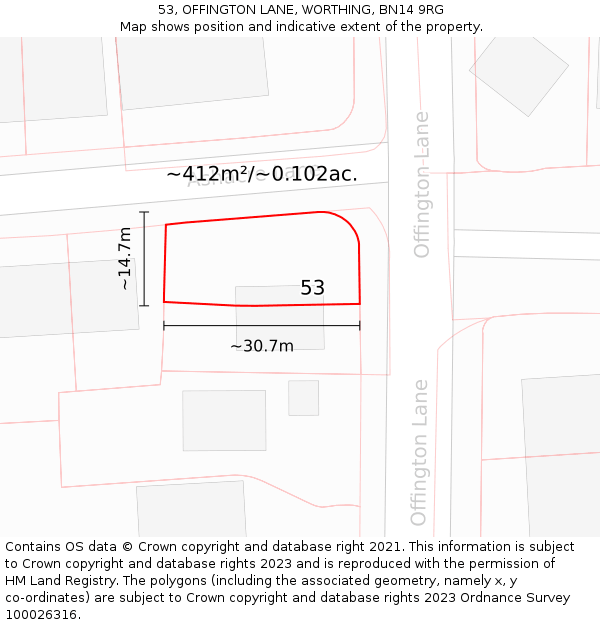 53, OFFINGTON LANE, WORTHING, BN14 9RG: Plot and title map