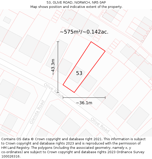 53, OLIVE ROAD, NORWICH, NR5 0AP: Plot and title map