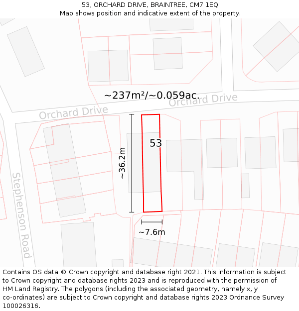 53, ORCHARD DRIVE, BRAINTREE, CM7 1EQ: Plot and title map