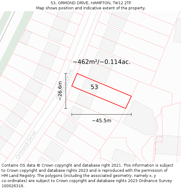 53, ORMOND DRIVE, HAMPTON, TW12 2TP: Plot and title map