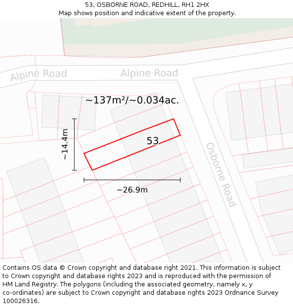 53, OSBORNE ROAD, REDHILL, RH1 2HX: Plot and title map