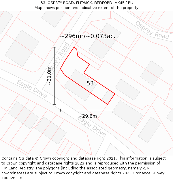 53, OSPREY ROAD, FLITWICK, BEDFORD, MK45 1RU: Plot and title map