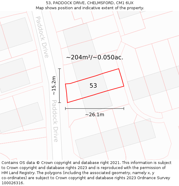 53, PADDOCK DRIVE, CHELMSFORD, CM1 6UX: Plot and title map
