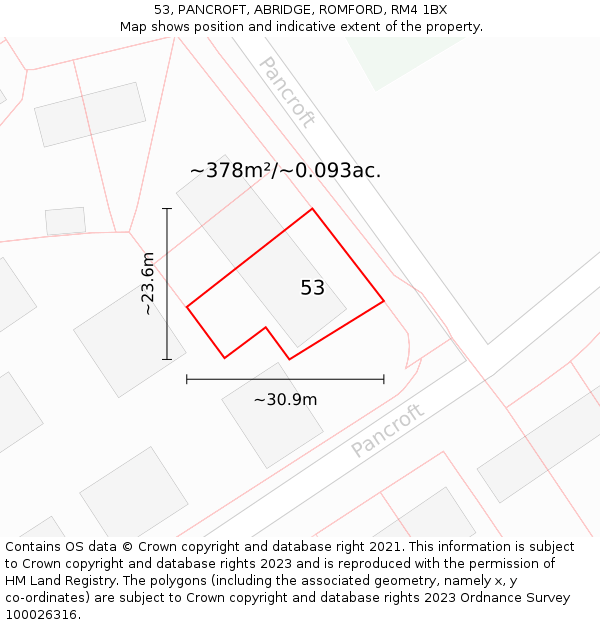 53, PANCROFT, ABRIDGE, ROMFORD, RM4 1BX: Plot and title map