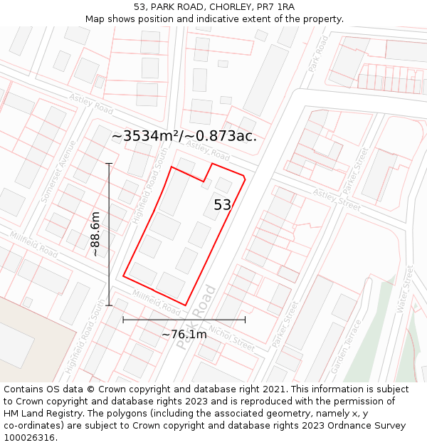 53, PARK ROAD, CHORLEY, PR7 1RA: Plot and title map