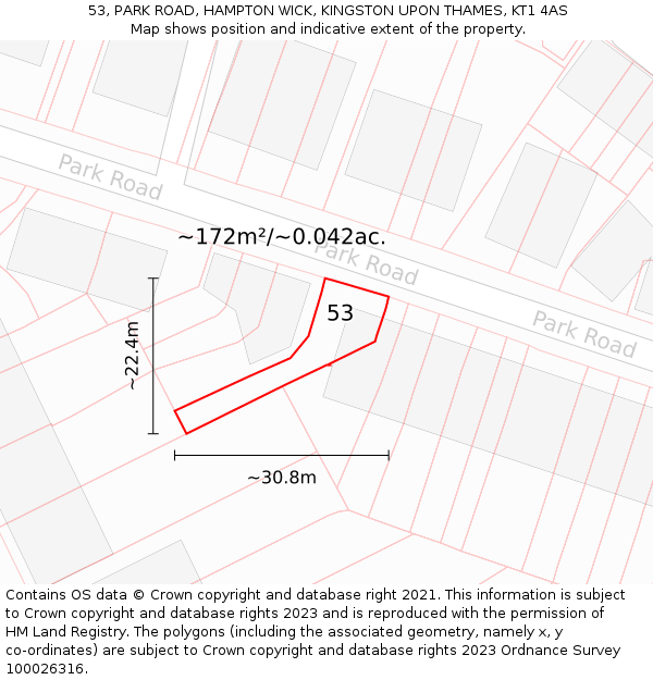 53, PARK ROAD, HAMPTON WICK, KINGSTON UPON THAMES, KT1 4AS: Plot and title map