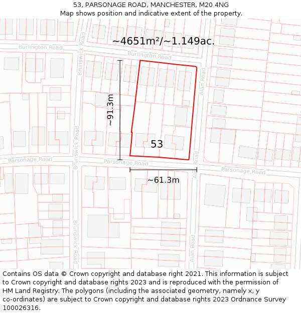 53, PARSONAGE ROAD, MANCHESTER, M20 4NG: Plot and title map
