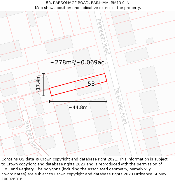 53, PARSONAGE ROAD, RAINHAM, RM13 9LN: Plot and title map