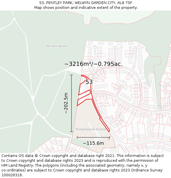 53, PENTLEY PARK, WELWYN GARDEN CITY, AL8 7SF: Plot and title map